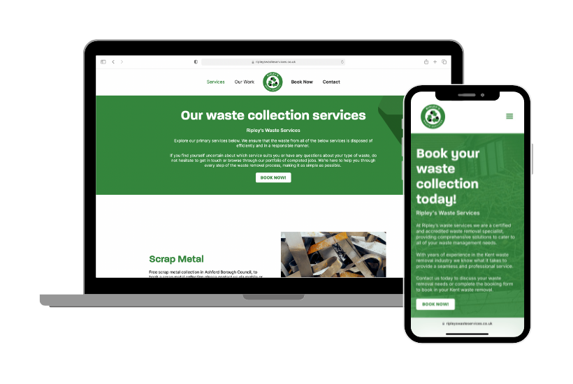 Website design in Ashford, Ripley's Waste Service a waste collectors website shown on a phone and laptop