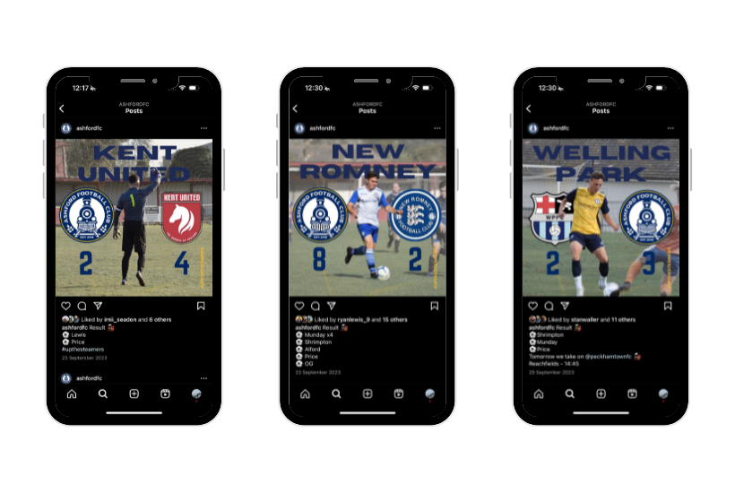 Ashford social media service, Ashford fc instagram posts x3 different games