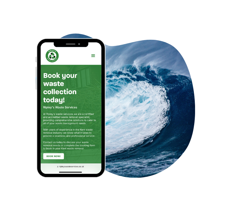 Website design in Ashford, waves image with phone of a waste website