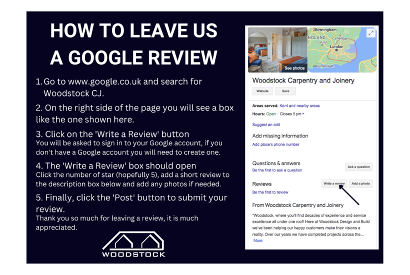 Google profile review instructions for Woodstcok carpentry